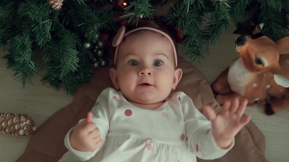 Happy Child Lies Near the Christmas Tree