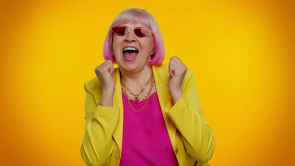 Elderly Granny Grandmother Woman in Sunglasses Listening Music Smiling Dancing to Music Having Fun