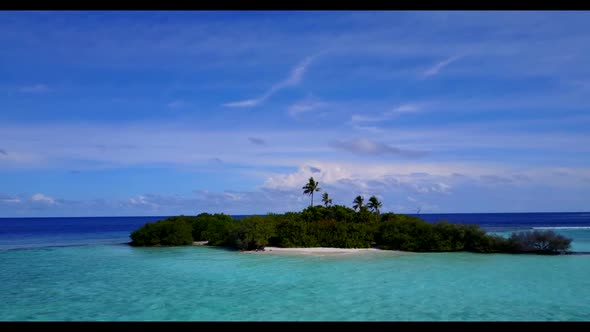 Aerial top down scenery of paradise seashore beach time by clear ocean and white sandy background of