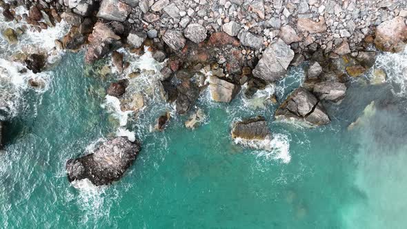 Awesome azure sea rocky texture aerial view 4 K Turkey Alanya