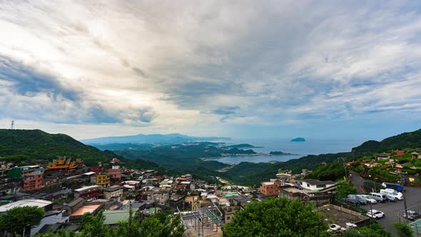 time lapse of Jiufen village with mountain and east china sea, Taiwan