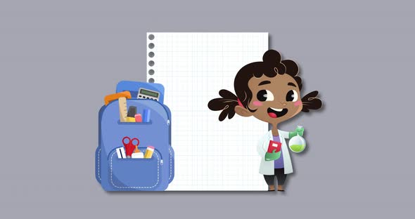 Notebook, school bag and girl wearing lab coat icons against grey background