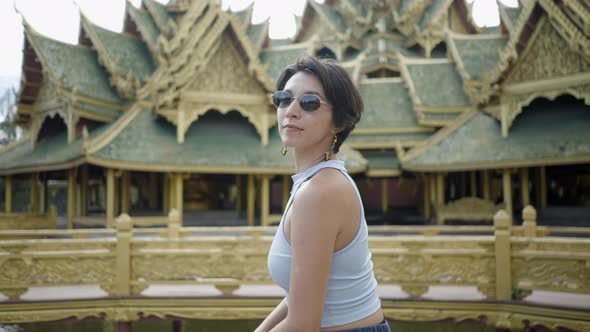 Beautiful Woman At The Historic Museum Temples In Muang Boran Ancient City In Bangkok Thailand