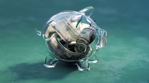 Cute glass piggy bank stuffed with huge amounts of dollars. Green background. 4k