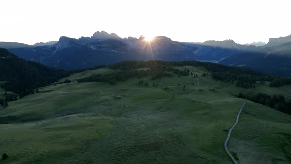 Sunrise on the Seiser Alm in the Dolomites mountains