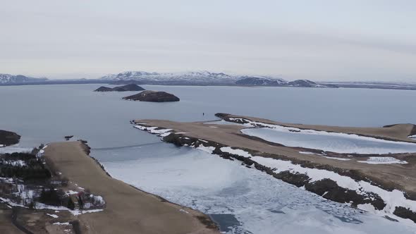 Aerial view of a frozen lake in winter, Southern Peninsula, Iceland.