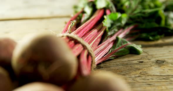 Close-up of kohlrabi on wooden table