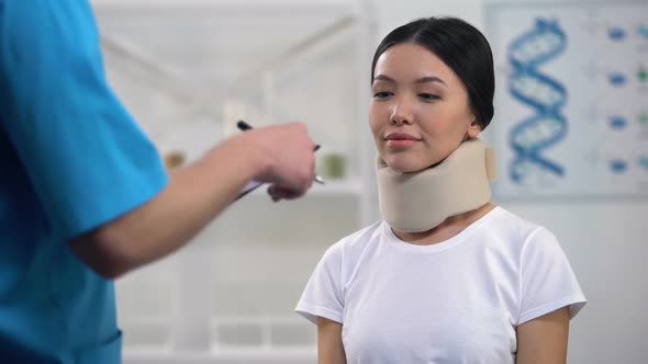 Doctor Giving Prescription to Happy Woman in Foam Cervical Collar Cheap Medicine