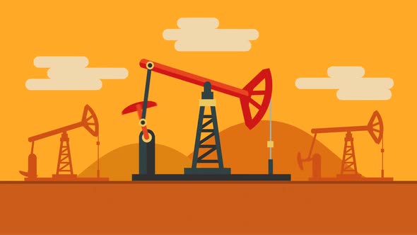 Silhouettes of oil rig pump jacks working on a desert. Colorful cartoon scheme.