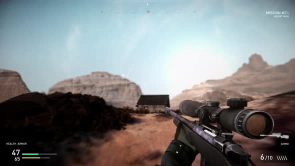 Playing with sniper rifle in combat operation first-person shooter game