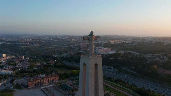 Aerial View of Christ the King Sanctuary in Almada in Sunset Time