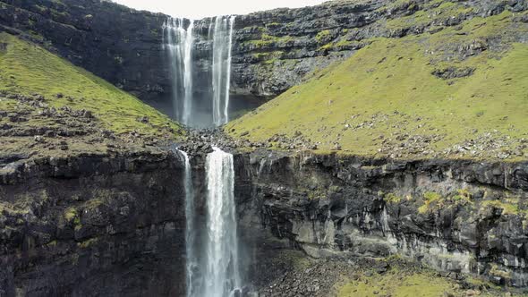 Aerial View of the Fossa Waterfall on Island Bordoy in the Faroe Islands