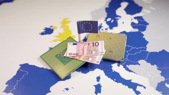 CPU and Euro Bills Over an EU Map Symbolizing the Digital Euro