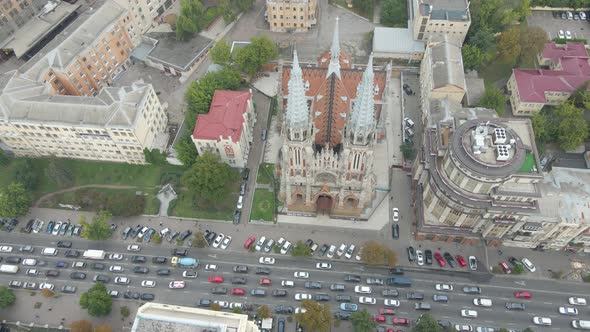 Drone View of the Landmark of Kyiv Catholic Church Gothic Style Kyiv