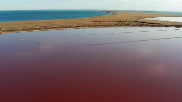 Beautiful top view of the salty, pink lake. Beautiful pink sunset.