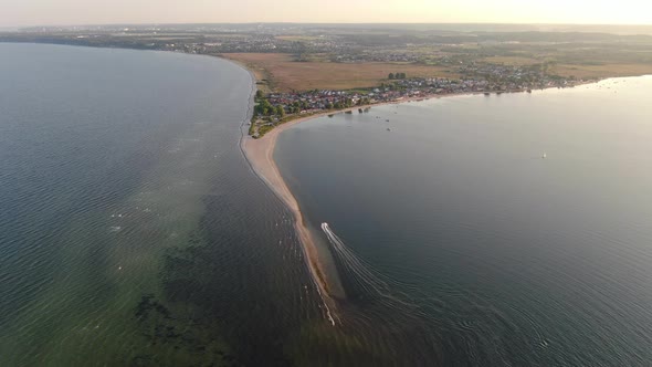 Flying over the sandbar in Rewa village at the Baltic Sea in Poland, Europe