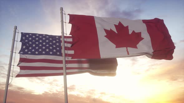 Canada and United States Flag on Flagpole