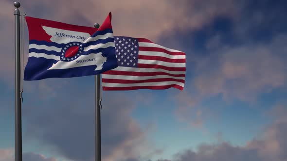 Jefferson City Flag Waving Along With The National Flag Of The USA - 2K