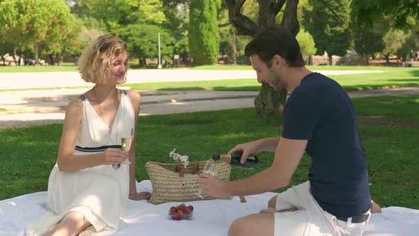 A Couple out on a Picnic Date Pour Glasses of Champagne and Cheers Before Taking a Sip, Wide Static,