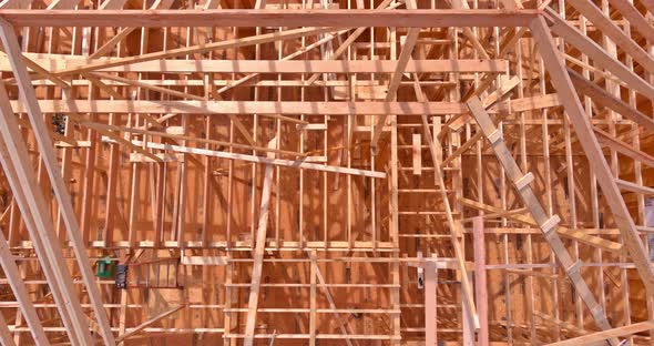 Top View of Roofing Construction with Wooden Roof Frame Built New House