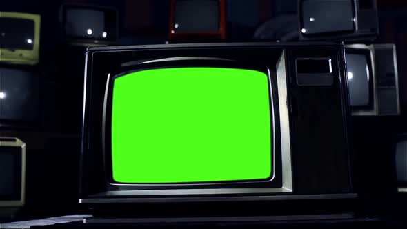 Vintage TV Set with Green Screen. Dolly In. Dark Tone.