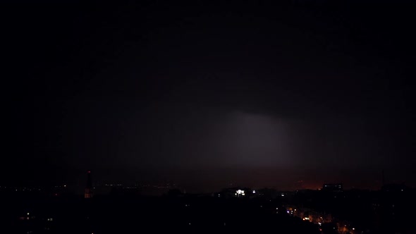 Night Stormy Sky Above City. Set of Beautiful Lightning Strikes. Thunderstorm Clouds. Timelapse. Bad