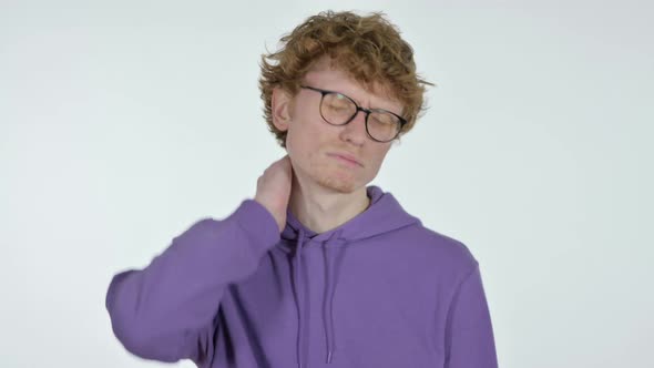 Tired Redhead Young Man with Neck Pain, White Background