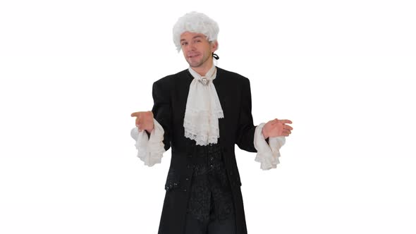 Man in Oldfashioned Frock Coat and White Wig Talking and Waiving with His Hands Theatrically Looking