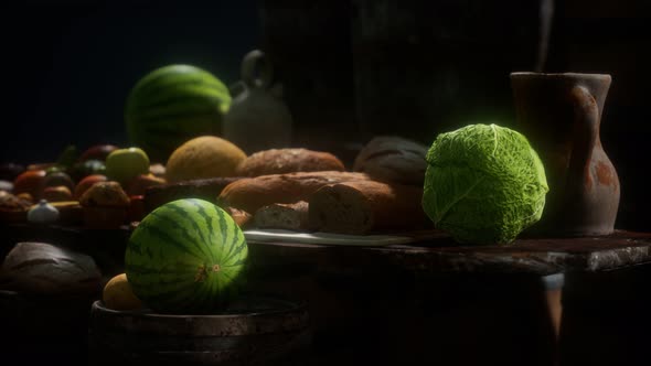 Food Table with Wine Barrels and Some Fruits Vegetables and Bread alt