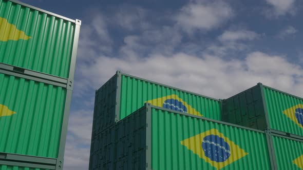 Brazil Flag Containers are Located at the Container Terminal