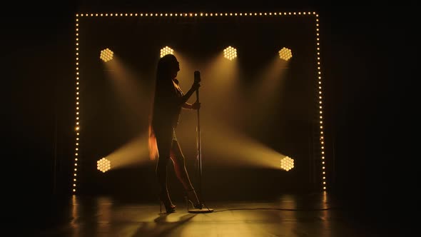 Silhouette of Charming Female Vocalist Performs Solo Concert on Dark Stage with Bright Lights on
