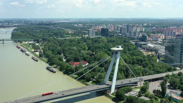 Aerial view of icon bridge in Bratislava in Slovakia