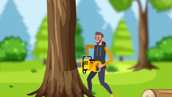 Man Cutting Trees in Green Forest Lumberman 4K