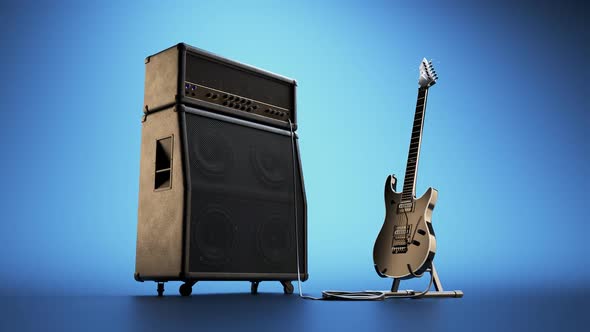 An Electric Guitar Connected to a Stack Amplifier or Amp on a blue background.