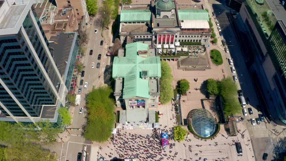 High Overhead Drone View of a Crowd of Demonstraters at the Vancouver Art Gallery on a sunny summer