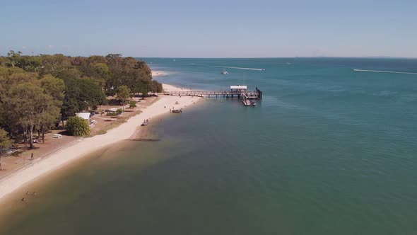 Aerial view of Bongaree Jetty on Bribie Island, Sunshine Coast, Australia