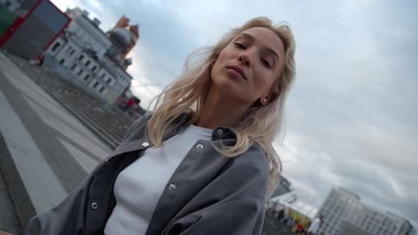 Fashion Girl Posing City Landscape at Evening Downtown Street