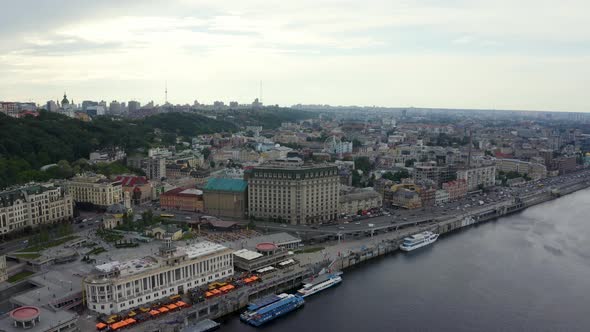 Aerial Top View of Kiev Pedestrian Bridge From Above Kyiv Skyline