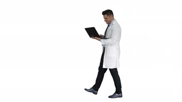 Doctor Showing Results in Laptop on White Background.