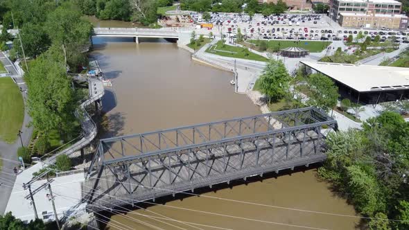 Aerial Over Wells Street Bridge and Promenade Park in Downtown Fort Wayne Indiana