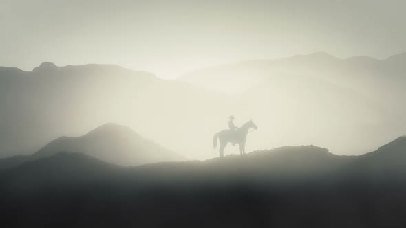 Cowboy Sitting On His Horse On A Mountain