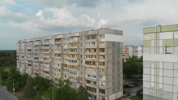 Residential USSR Multistory Building at a Sleeping Area of City, Aerial View