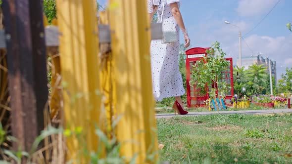 Young Happy Woman in White Dress Walks Down the Alley Pinup