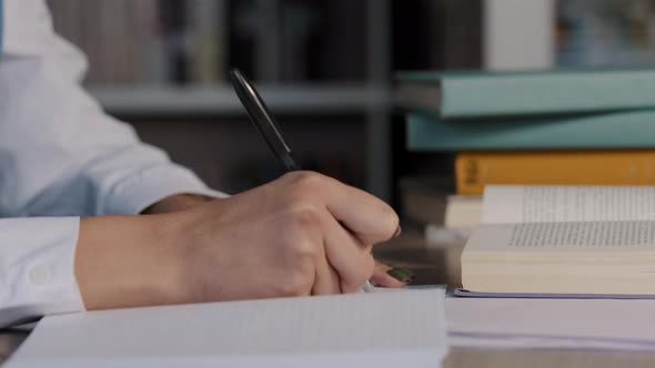 Closeup Female Hands Unrecognizable Woman Student Teacher Sitting in University Library Preparing