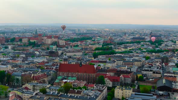 Hot air balloons flying over Cracow, Krakow, Poland, Polska (drone footage)