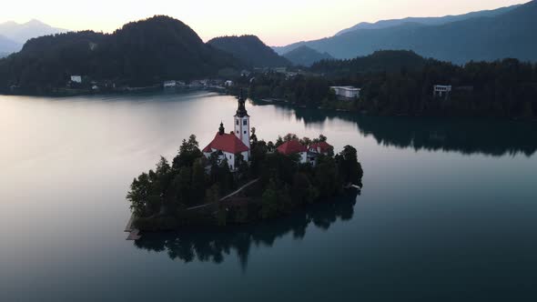 Aerial view of Bled Lake in Slovenia.