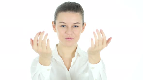 Inviting Gesture of Woman, White Background