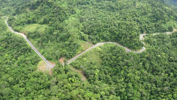 Aerial view of a highway running through a tropical forest