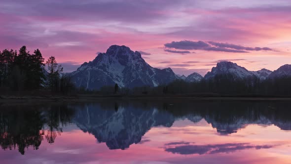 Romantic Colorful Sunset Calm Mountain Lake Purple and Pink Vivid Clouds Sky