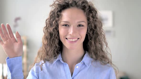 Hello Curly Hair Woman Waving Hand to Welcome